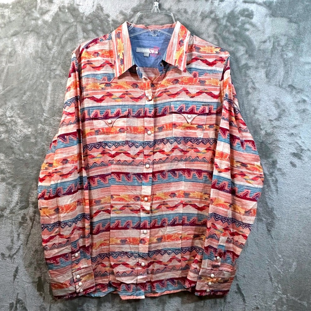 Tin Haul Womens Large Southwestern Geometric Pearl Snap Western Shirt Coral L